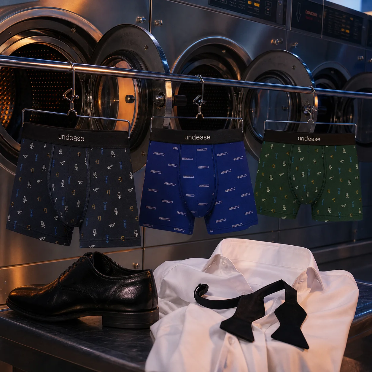 Purchasable After Dark trunks displayed in a late-night laundromat
