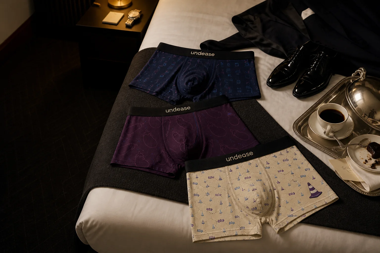 The purchasable Do Not Disturb, Eggplant Situation and Traffic Control trunks arranged in a stylish hotel suite
