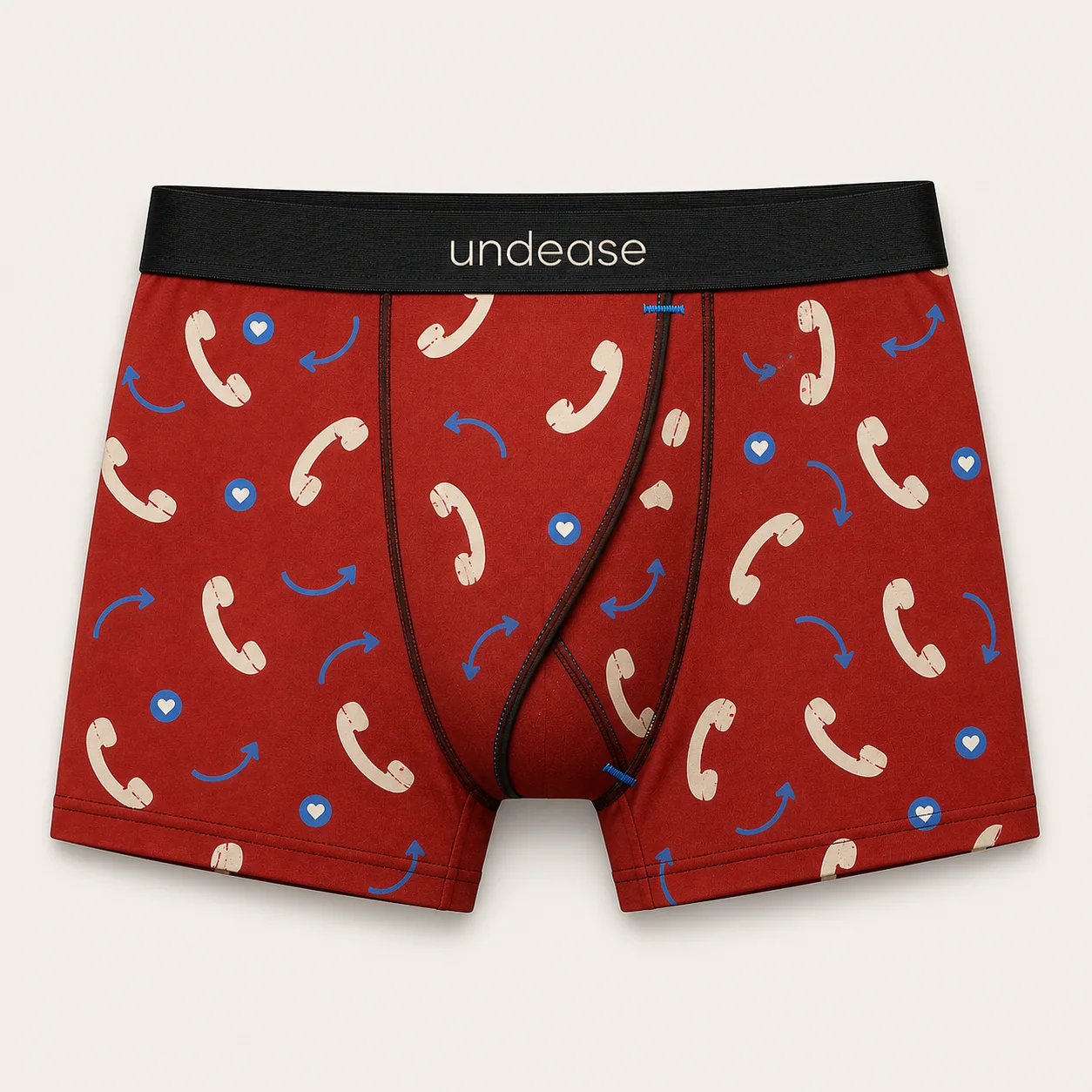 Hotline Red Emergency Contact Trunk showing the fixed right-waist-to-lower-centre Undease Flap