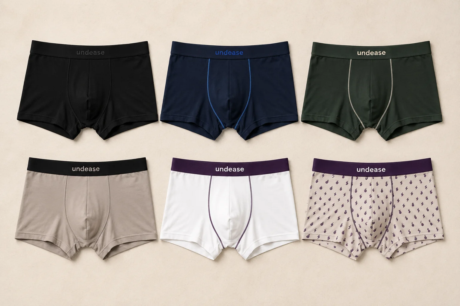 Six fitted Undease trunks arranged in a colour grid
