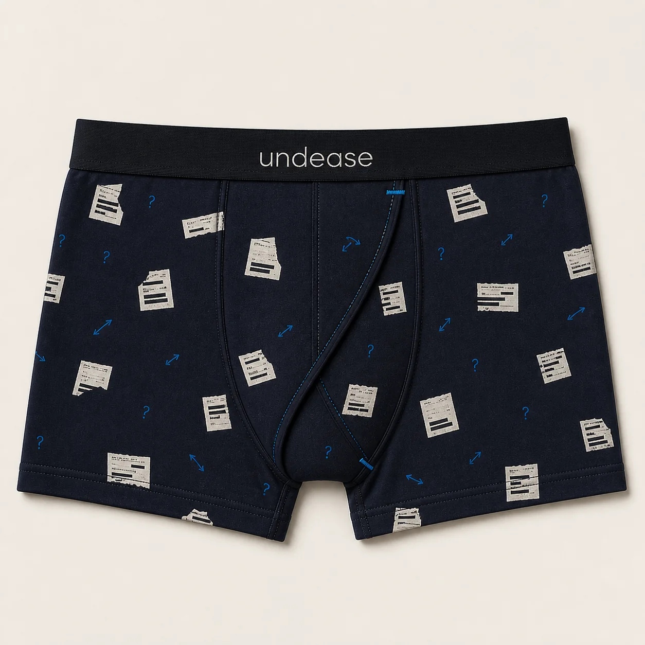 Midnight Plausible Deniability Trunk showing the fixed right-waist-to-lower-centre Undease Flap