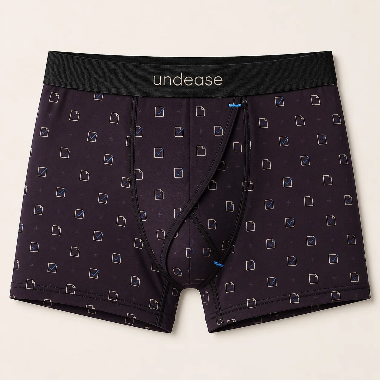 Aubergine Terms Accepted Trunk showing the fixed right-waist-to-lower-centre Undease Flap